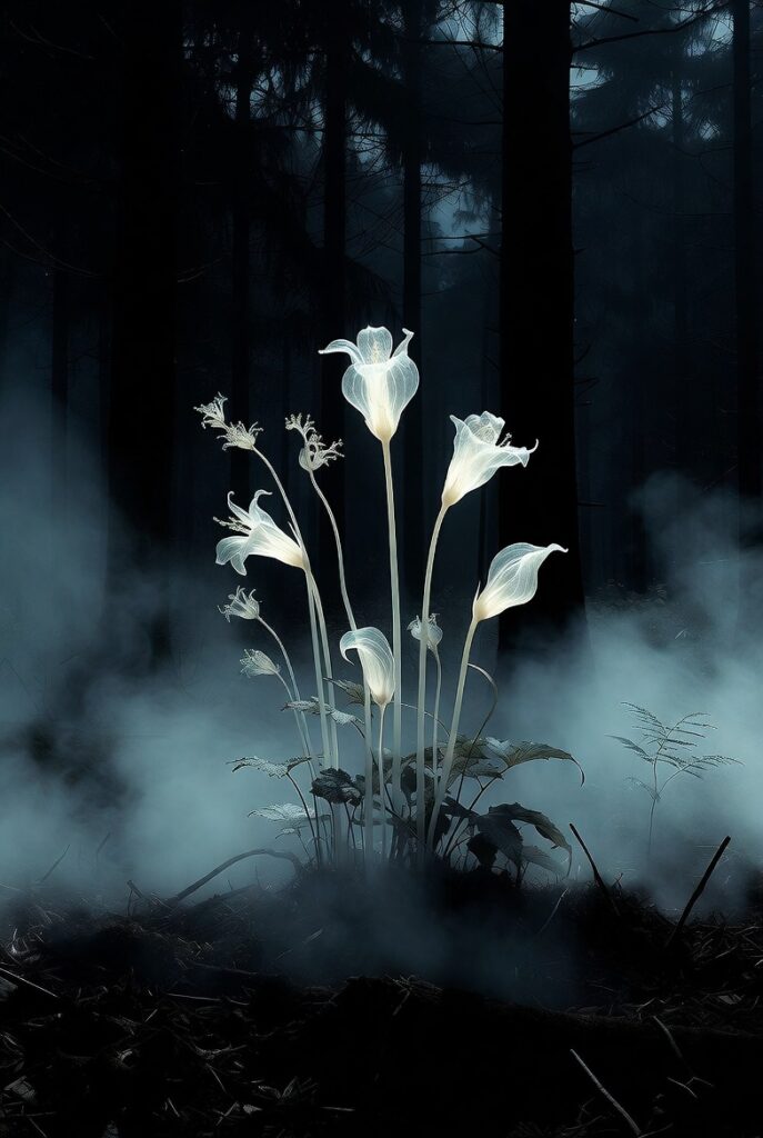 Ghost Pipe Monotropa in a Foggy Forest