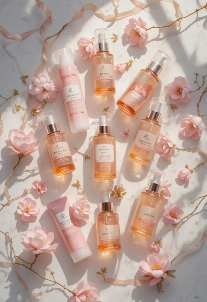 "Woman following a 10-step Korean skincare routine, applying multi-layered products for a hydrated, glowing complexion."