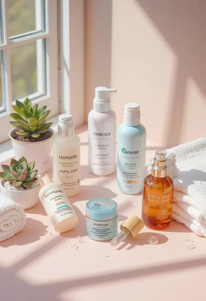 "Affordable drugstore skincare routine with cleanser, toner, serum, moisturizer, and sunscreen for glowing skin on a budget."