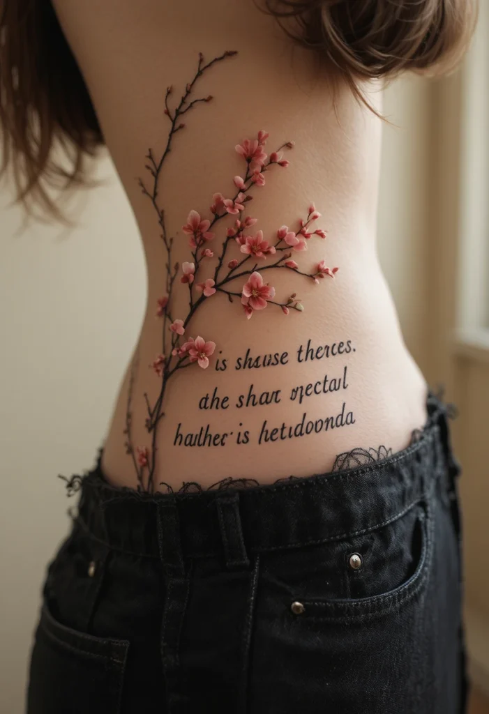 Sakura with Haiku Text on the Ribcage Side