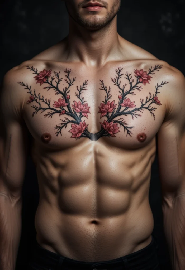 Full Chest Piece with Two Sakura Branches Meeting at the Sternum