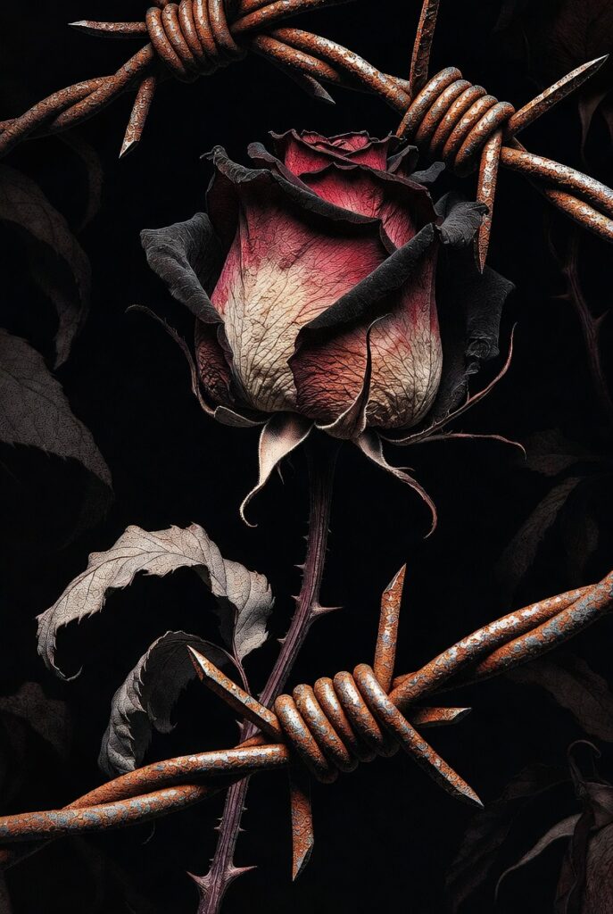 Withered Rose Entwined in Barbed Wire