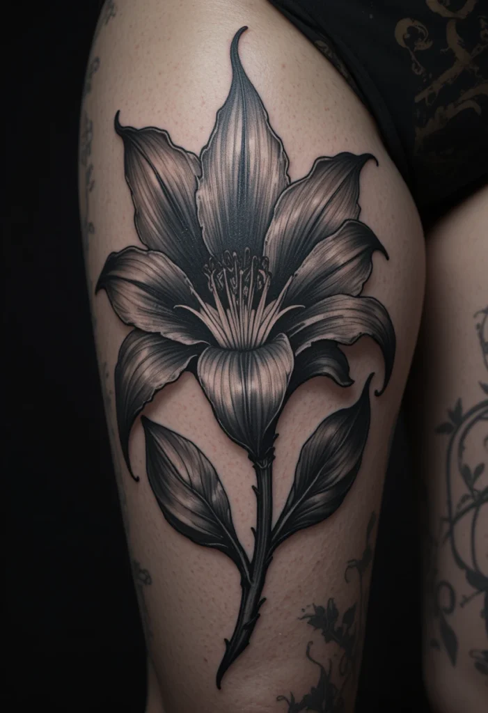 3. Black and Grey Realistic Lily on the Thigh