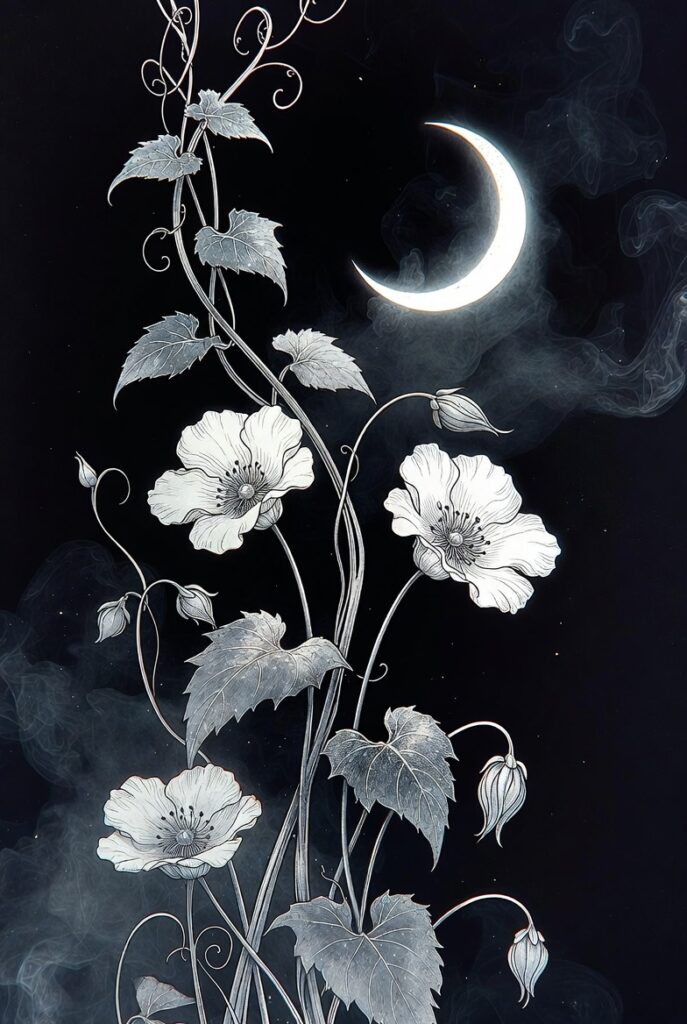 Moonflower Vines Under a Crescent Moon