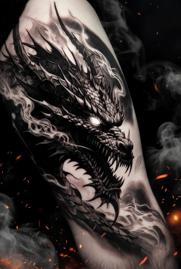 4. Smoldering Dragon Head in Blackwork