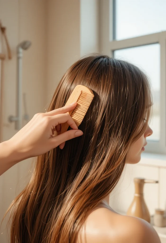 Woman with healthy, shiny long hair demonstrating tips to prevent hair breakage and restore strength.