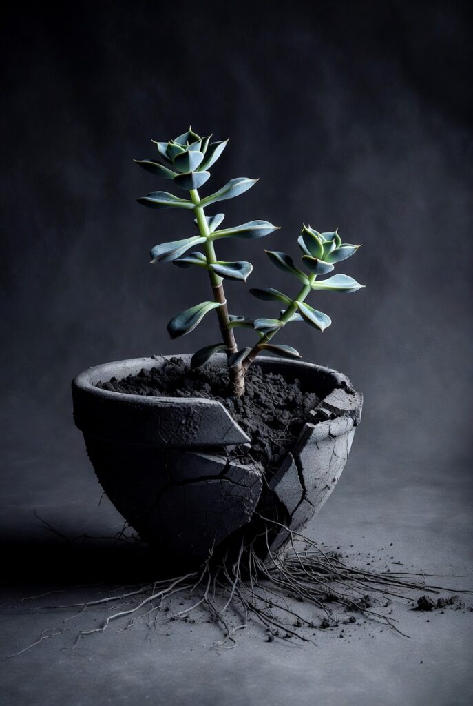 Shadowy Succulent in a Cracked Pot