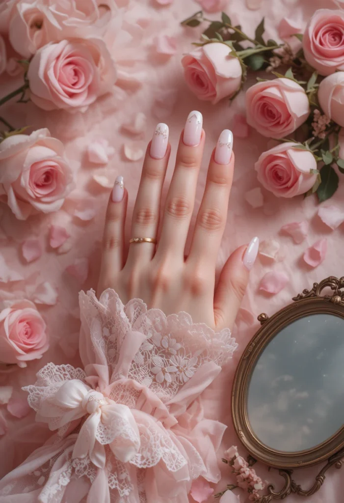 10+ coquette nail aesthetic pink ideas showcasing soft, feminine nail art designs with bows, pearls, and lace details.