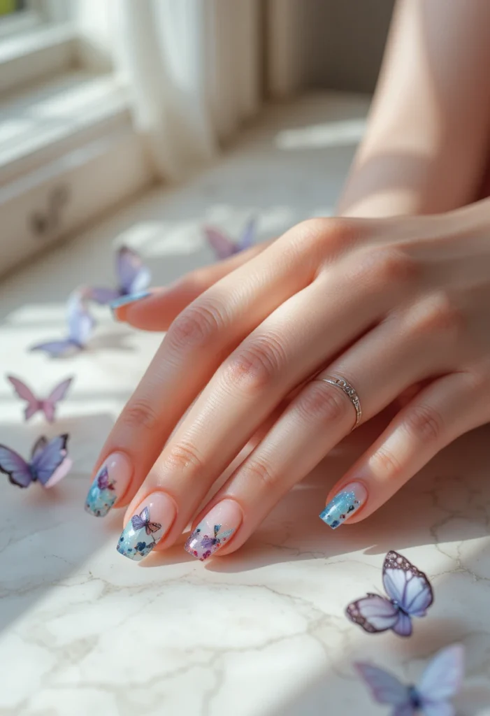 Colorful butterfly nail art designs featuring pastel, jewel-toned, and metallic wing details on elegantly manicured nails