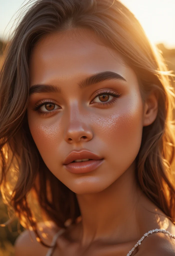 "Radiant woman with a warm bronzy makeup look featuring glowing bronzer, blush, and dewy skin for a sun-kissed, head-turning finish."