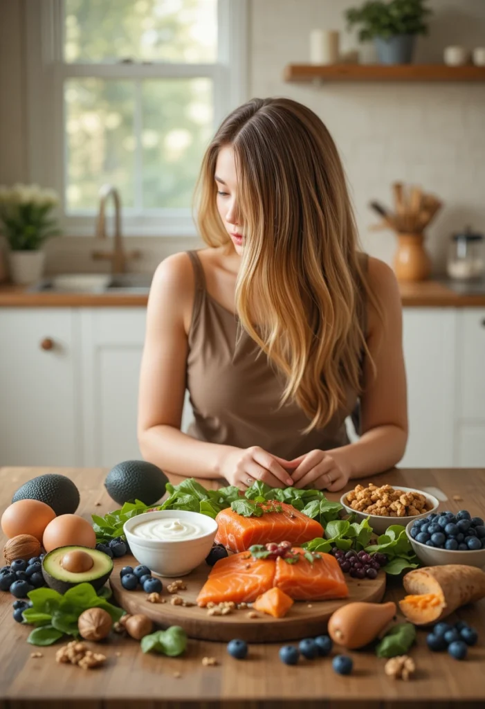 "Flat-lay of hair growth diet foods like eggs, salmon, spinach, avocado, and nuts surrounding healthy flowing hair, showcasing nutrient-rich foods for stronger, healthier hair growth."