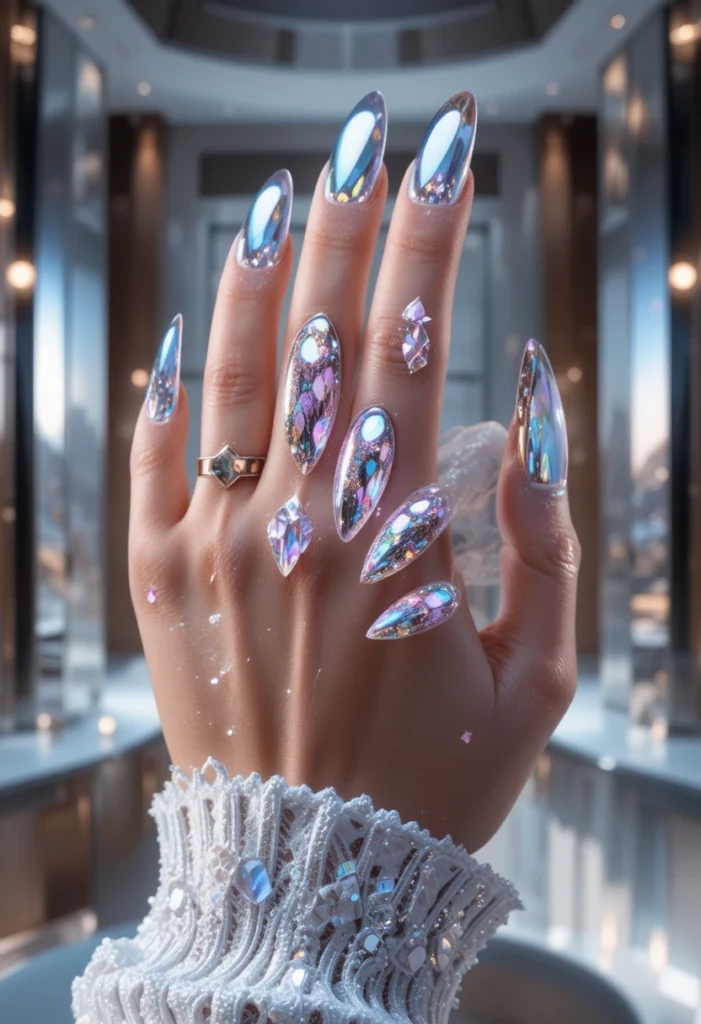 DIY chrome nails tutorial showing mirror-shine finish with silver and holographic nail art techniques at home