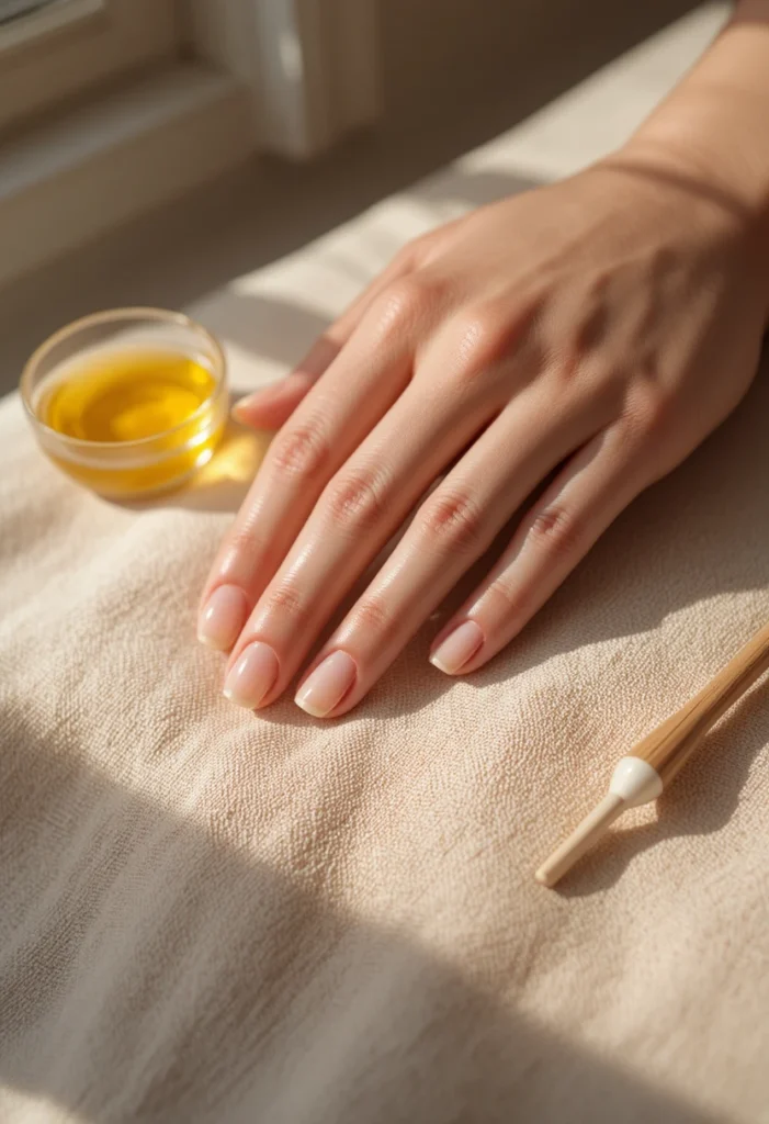 Close-up of healthy, well-manicured hands showing a nourished cuticle care routine for strong, beautiful nails.