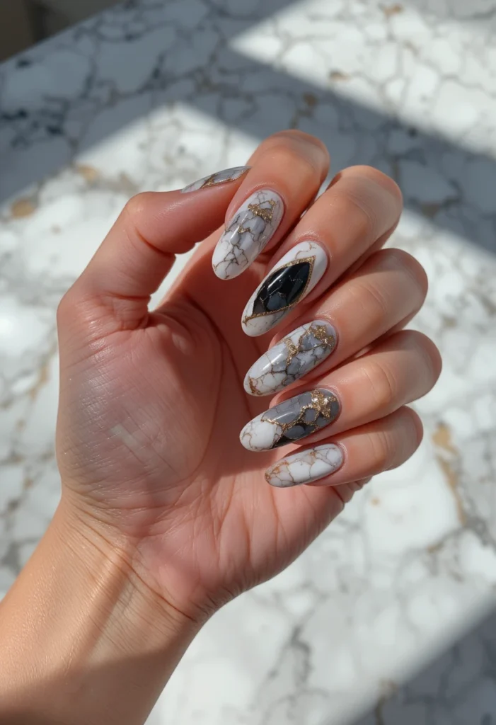 "Marble nail art tutorial featuring elegant stone-inspired manicure designs with white, gray, and gold veining for a stunning DIY look at home."