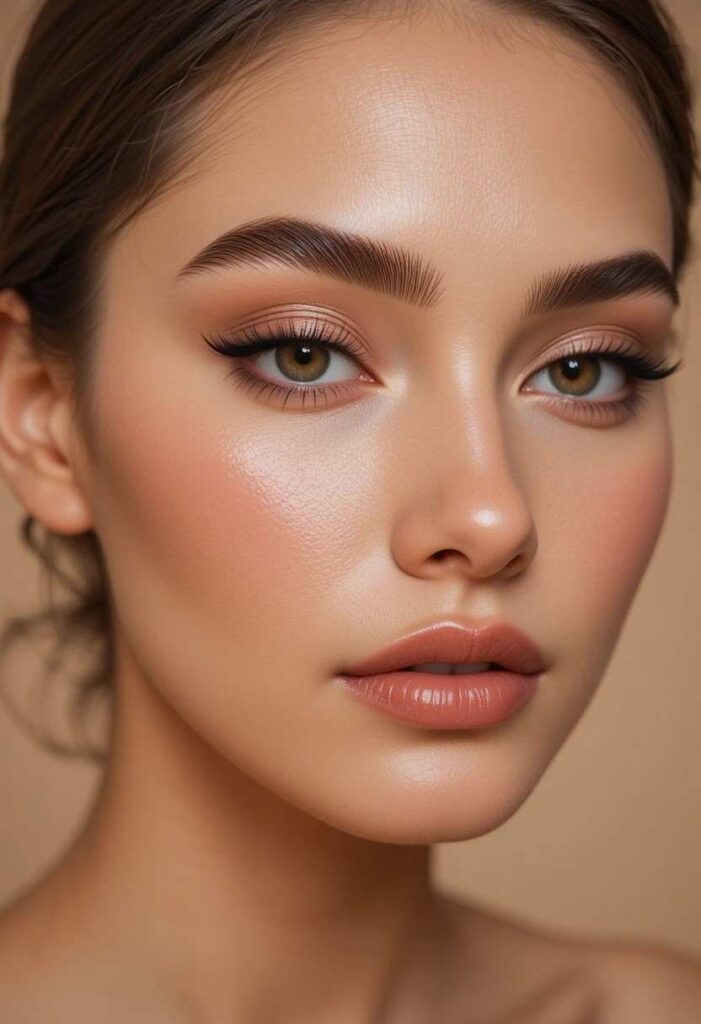 "Close-up of feathery, laminated eyebrows styled for a soft, elegant brow lamination look framing the face."