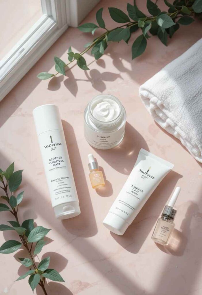 "Beginner-friendly skincare routine flat lay with cleanser, moisturizer, and sunscreen for radiant, healthy skin"