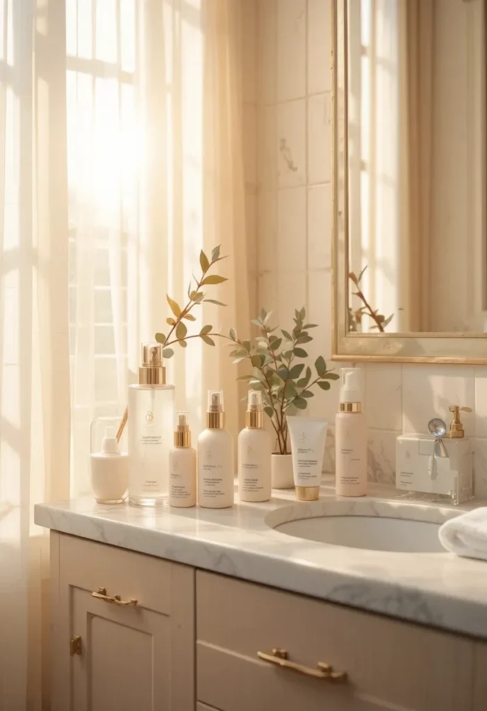 "Morning and night skincare routine flat lay with cleanser, serum, moisturizer, and sunscreen for glowing, healthy skin."