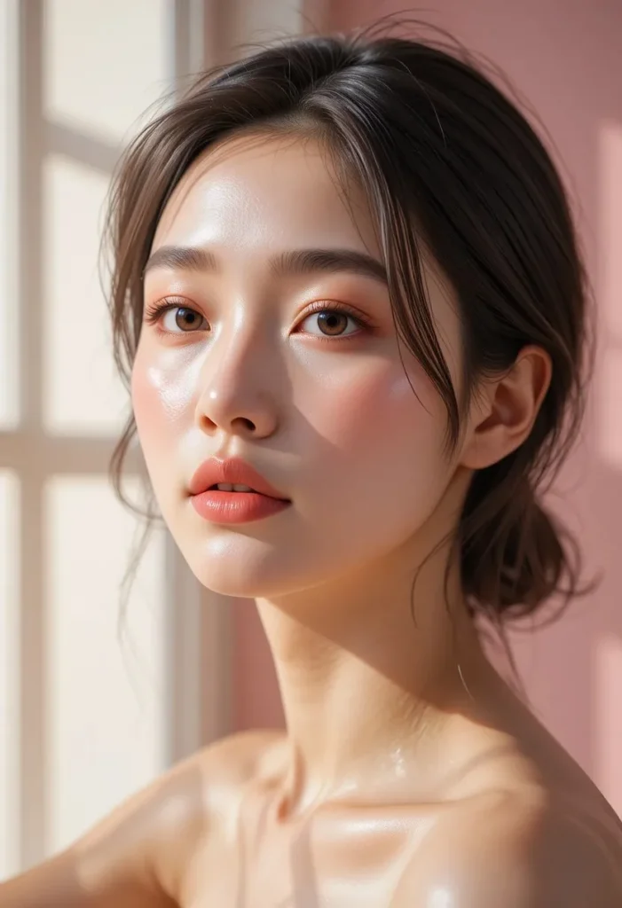 "Glowing Korean glass skin routine — woman with flawless, luminous complexion showcasing natural K-beauty skincare secrets."
